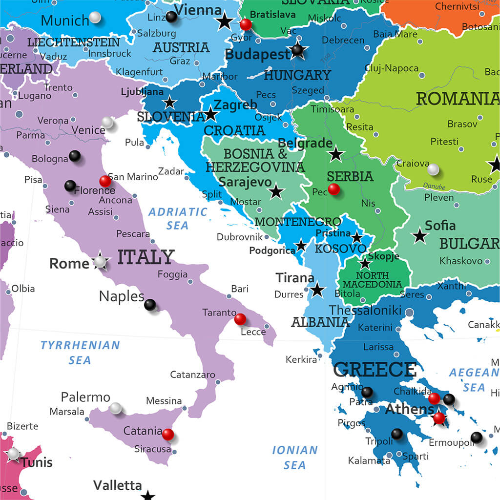 Closeup of Colorful Europe Square Map
