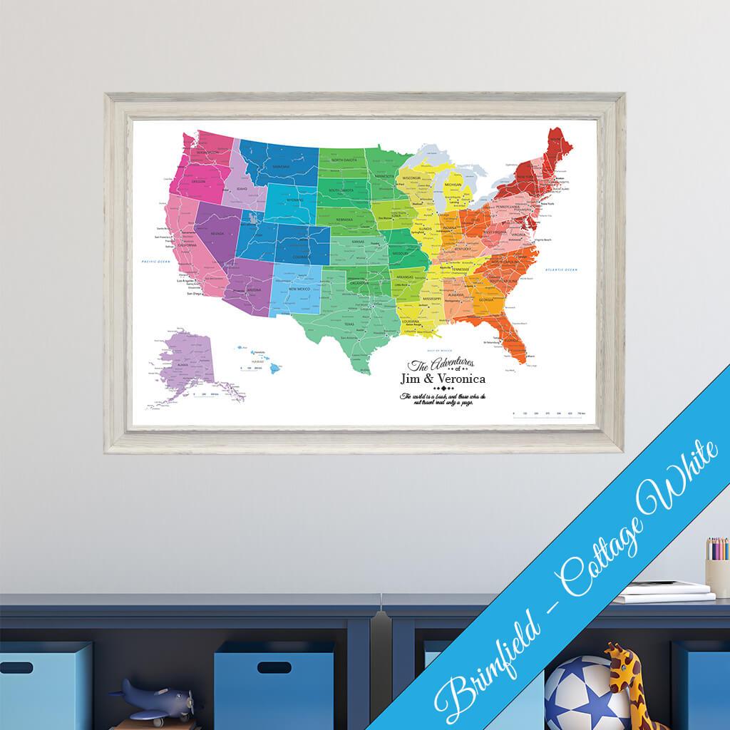 Canvas Colorful USA Travel Map with Brimfield White Frame