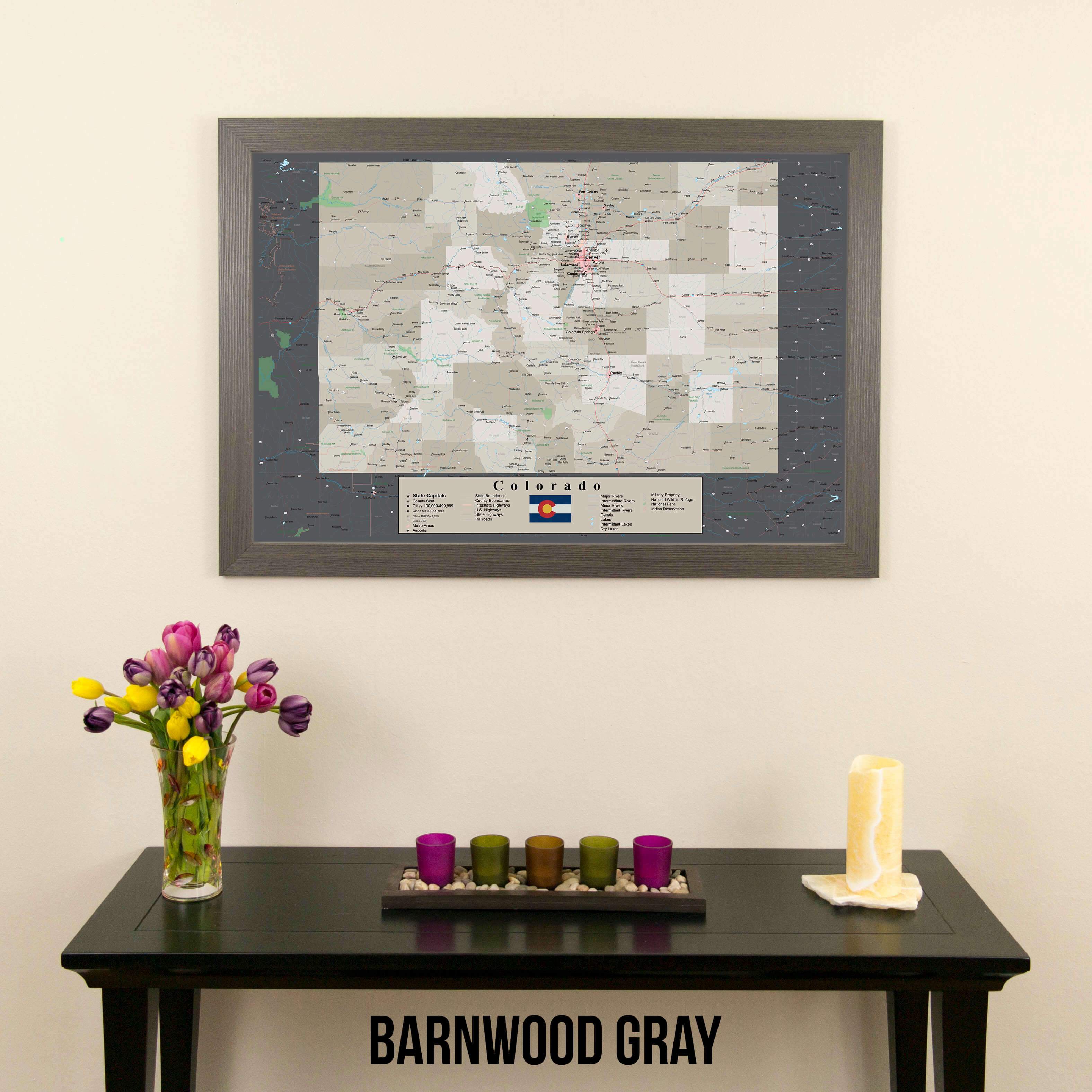 Framed Earth Toned Colorado State Push Pin Travel Map in Barnwood Gray Frame
