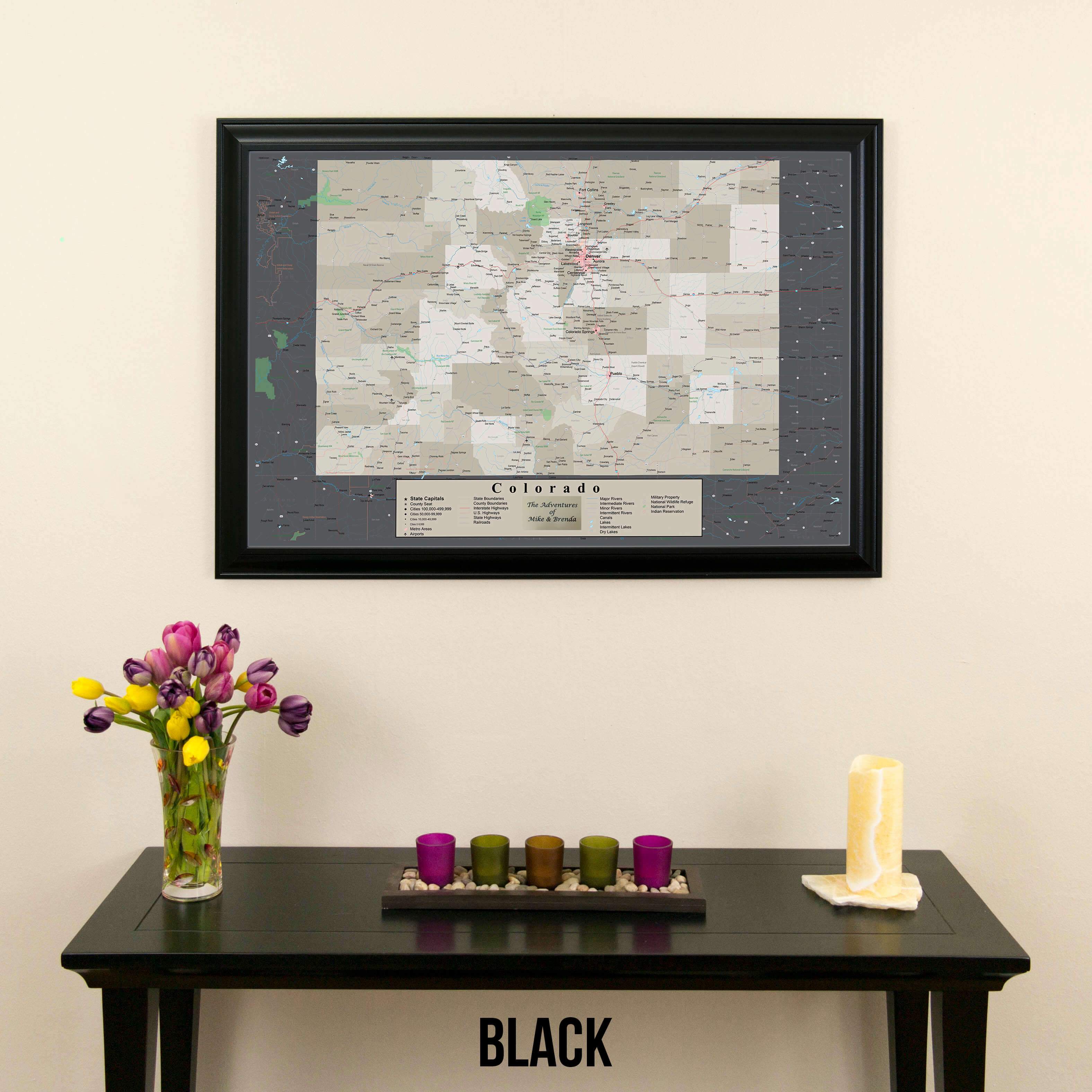Framed Earth Toned Colorado State Push Pin Travel Map in Black Frame