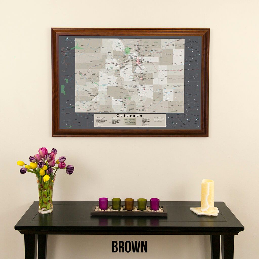 Framed Earth Toned Colorado State Push Pin Travel Map in Brown Frame