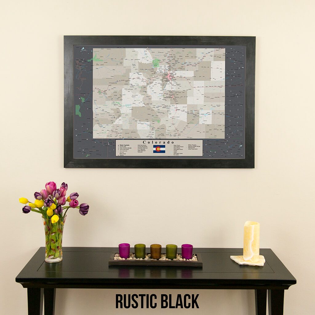 Framed Earth Toned Colorado State Push Pin Travel Map in Rustic Black Frame