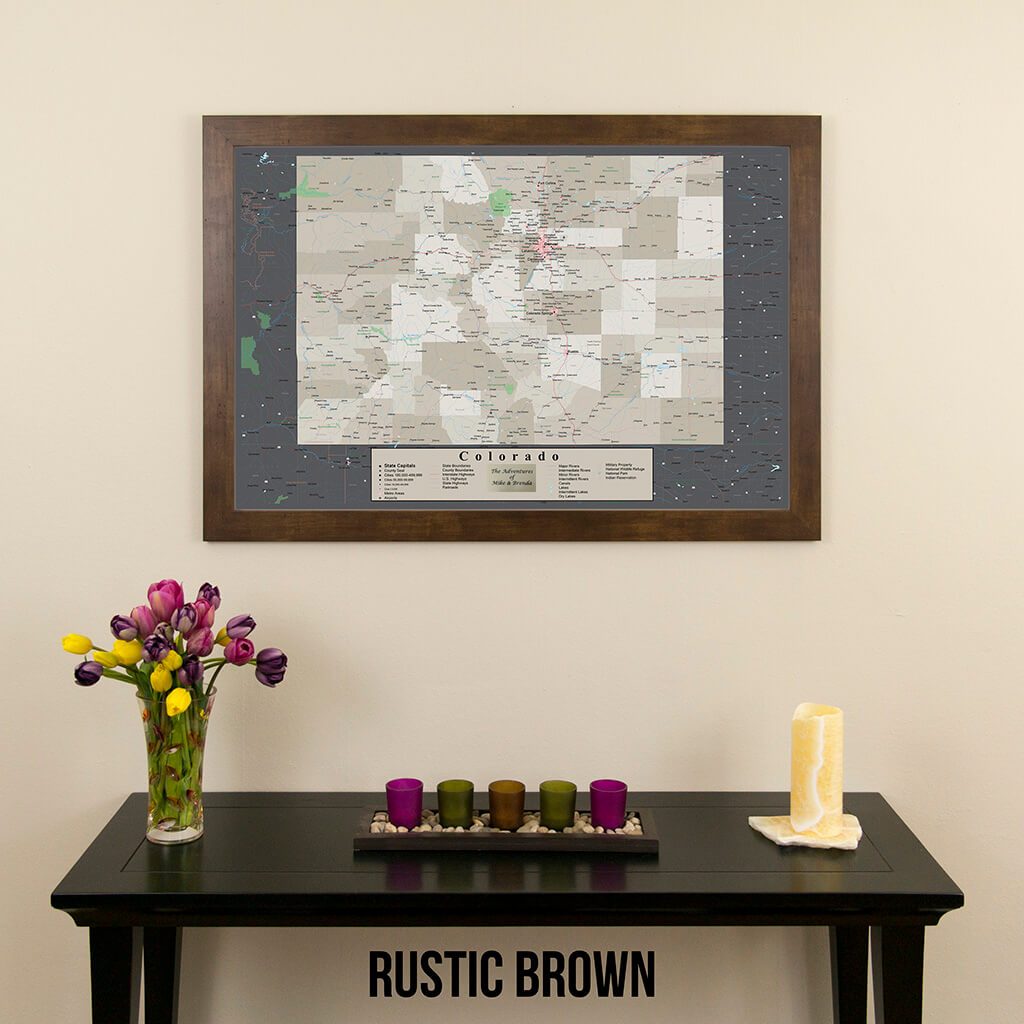 Framed Earth Toned Colorado State Push Pin Travel Map in Rustic Brown Frame