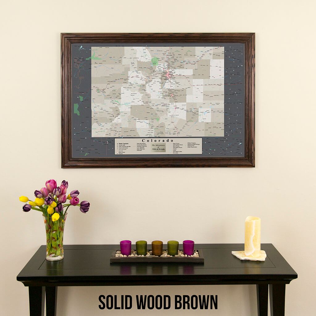 Framed Earth Toned Colorado State Push Pin Travel Map in Solid Wood Brown Frame