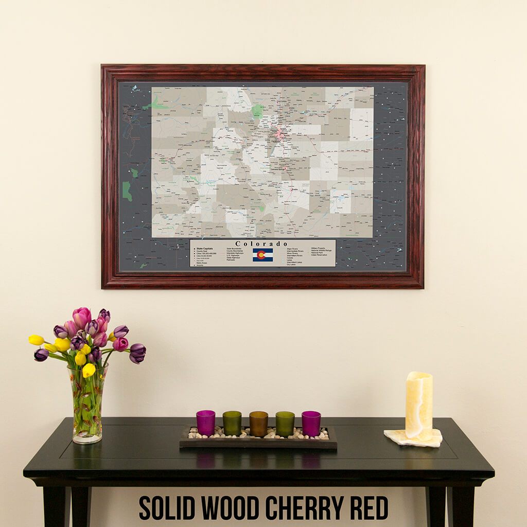 Framed Earth Toned Colorado State Push Pin Travel Map in Solid Wood Cherry Frame