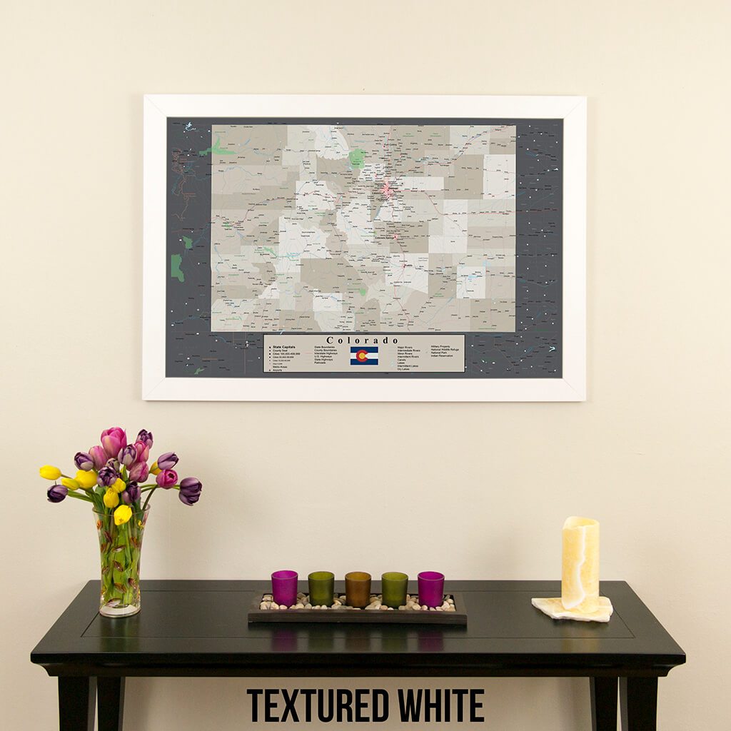 Framed Earth Toned Colorado State Push Pin Travel Map in Textured White Frame
