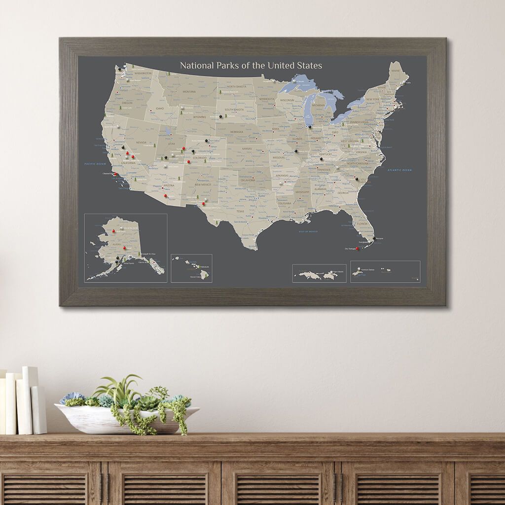 Earth Toned National Parks of the USA Wall Map Barnwood Gray Frame