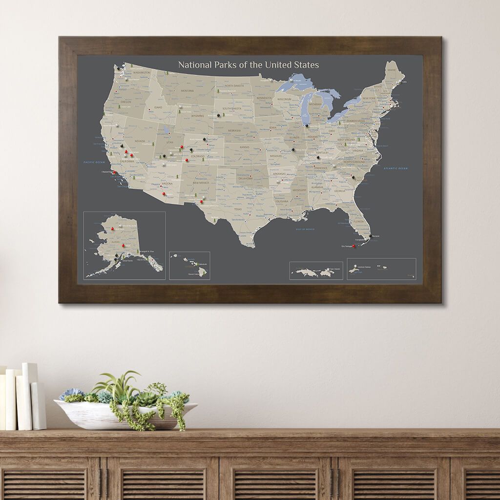 Earth Toned National Parks of the USA Travelers Map in Rustic Brown Frame
