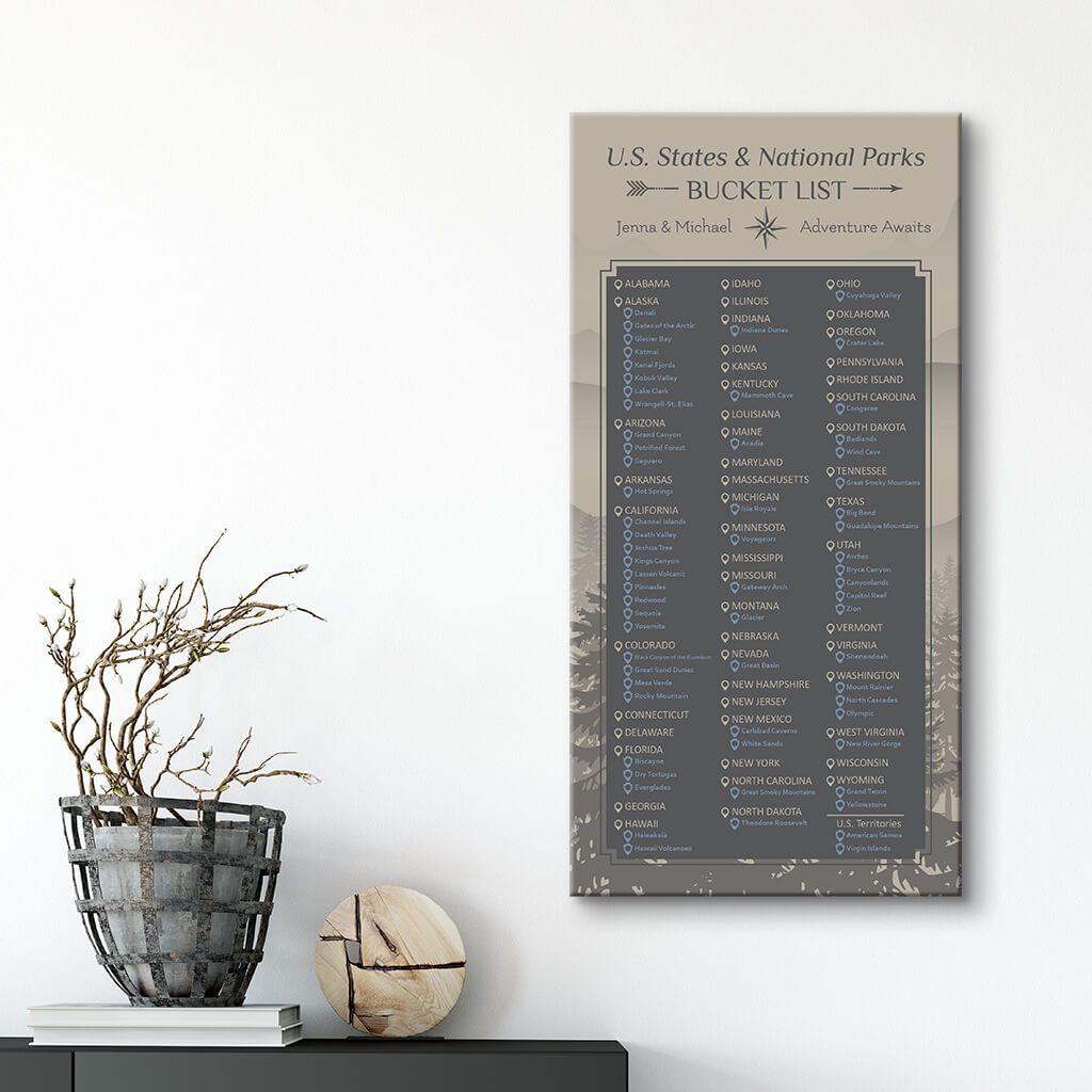 U.S. States and National Parks Bucket List with Pins Gallery Wrapped