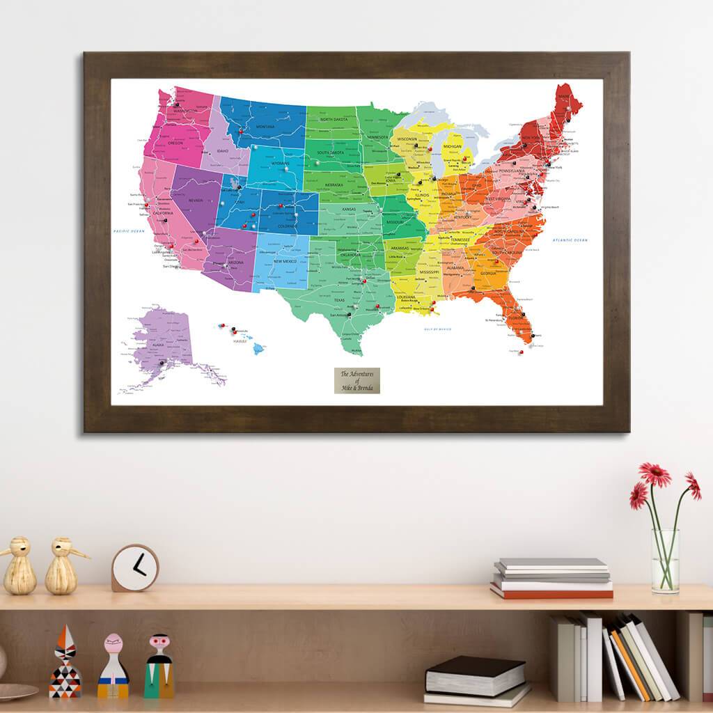 Colorful USA Push Pin Map in Rustic Brown Frame