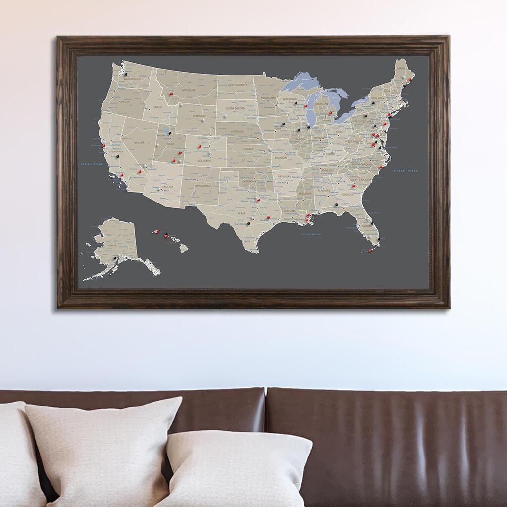 Earth Toned USA Travel Map in Solid Wood Brown Frame