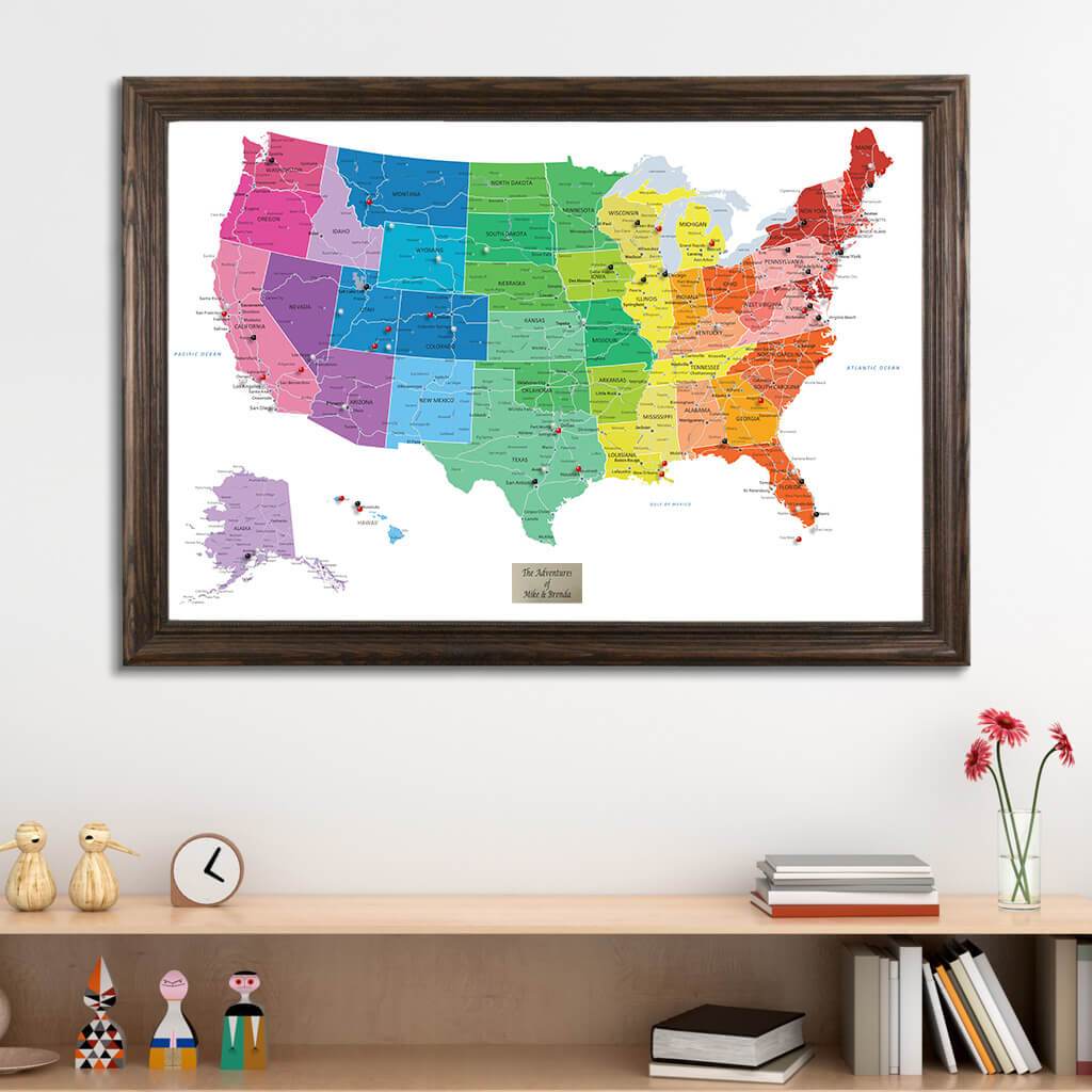 Colorful USA Push Pin Map in Solid Wood Brown Frame