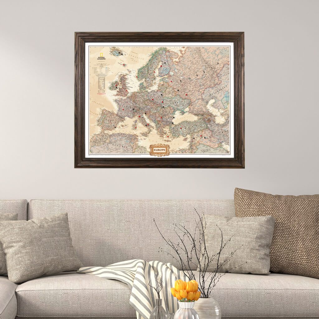 Executive Europe Push Pin Travel Map in Solid Wood Brown Frame
