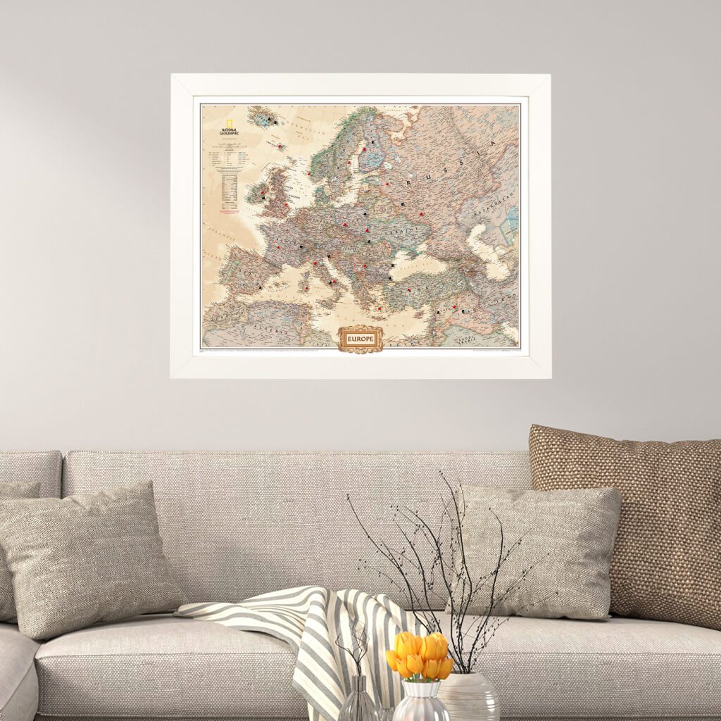 Executive Europe Push Pin Travel Map in Textured White Frame