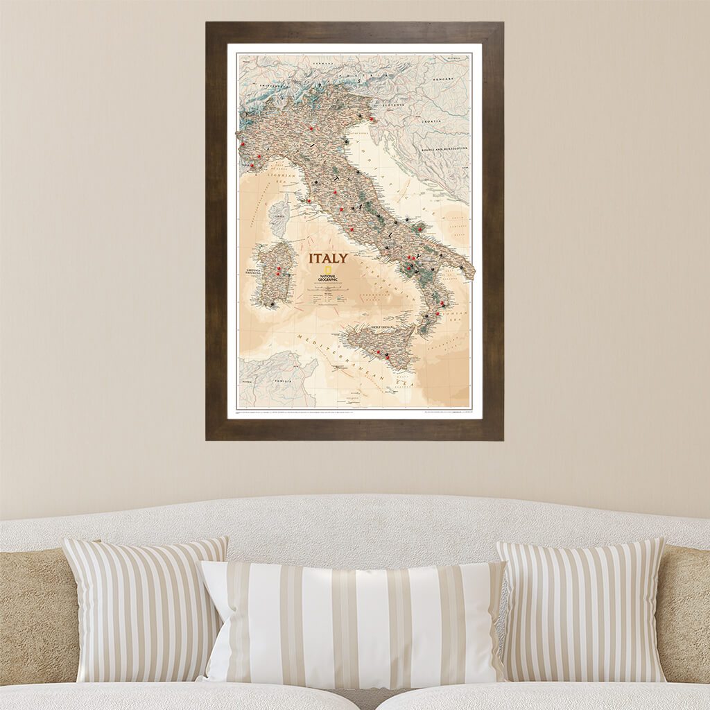 Executive Italy Push Pin Travel Map in Rustic Brown Frame