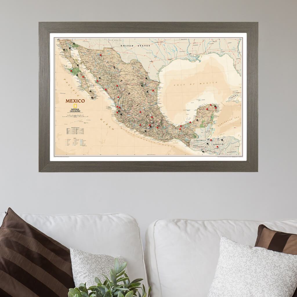 Executive Mexico Travel Map with Barnwood Gray Frame