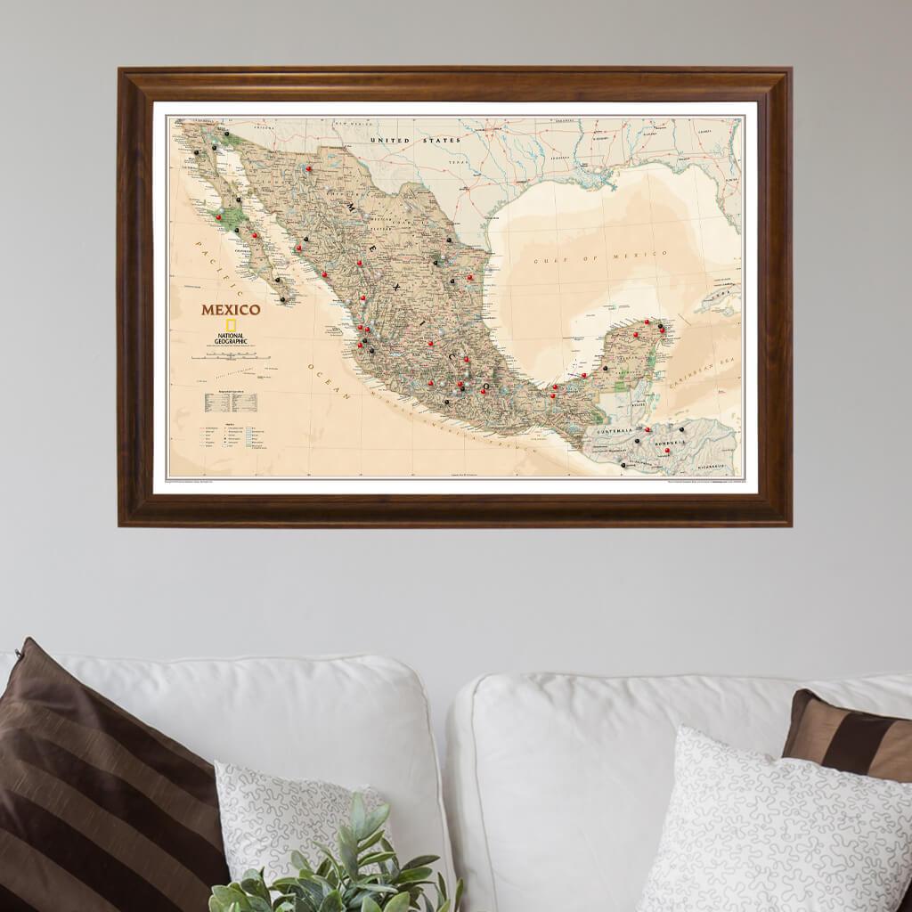 Executive Mexico Pinboard Travel Map with Pins in Brown Frame