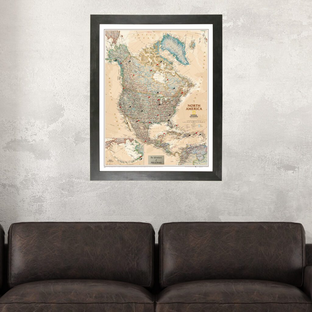 Executive North America Push Pin Travel Map in Rustic Black Frame