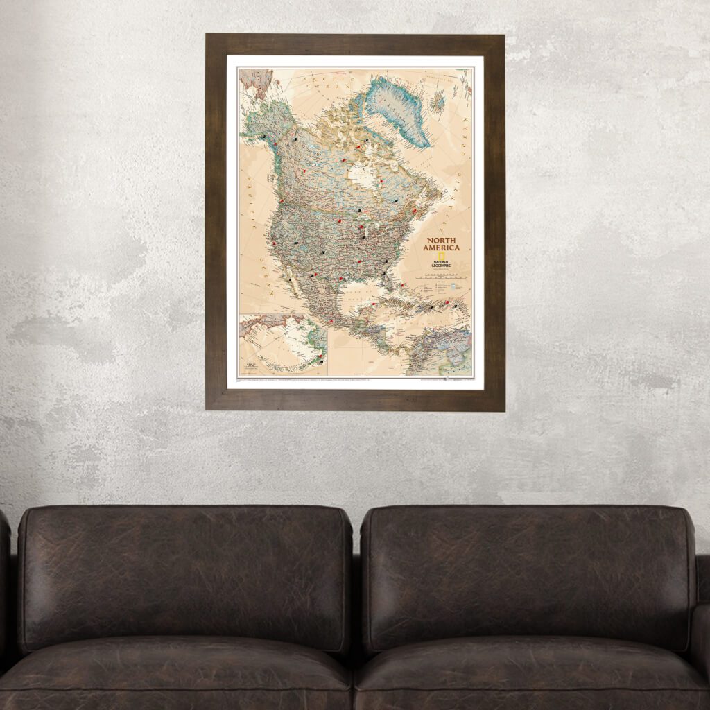 Executive North America Push Pin Travel Map in Rustic Brown Frame