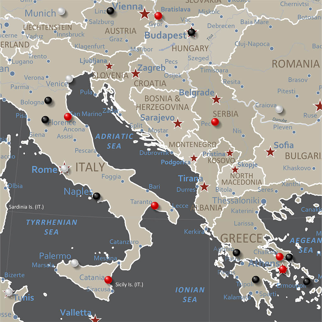 Earth toned Europe travel map canvas showing Italy Greece Balkans with red black white pins
