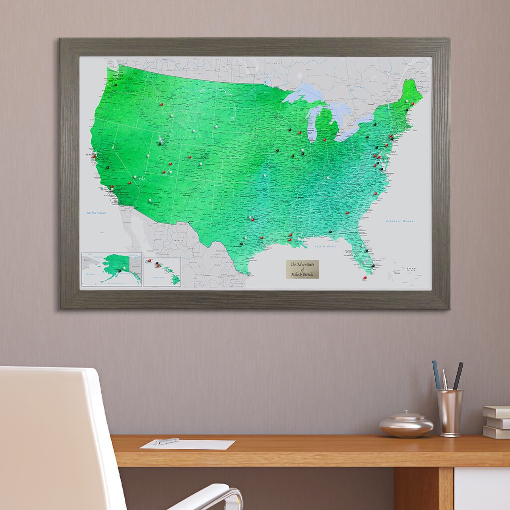 Watercolor USA Push Pin Travelers Map Barnwood Gray Frame - Enchanting Emerald