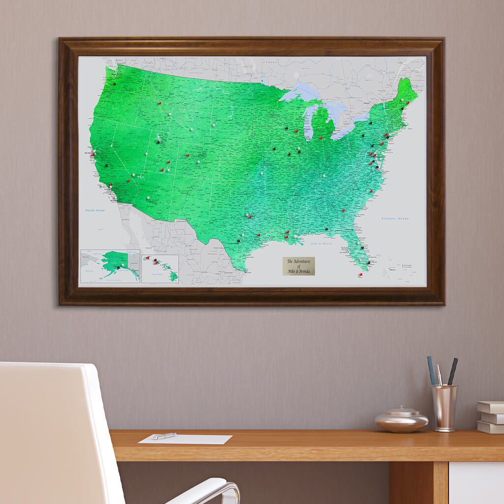 Watercolor USA Push Pin Travel Map in Brown Frame - Enchanting Emerald