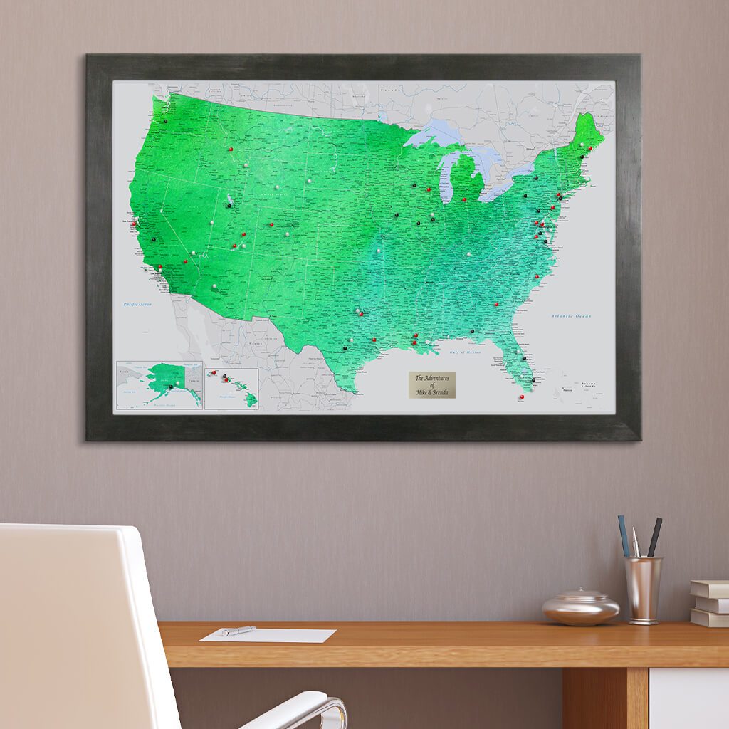 USA Push Pin Travel Map with Rustic Black Frame - Enchanting Emerald Watercolor