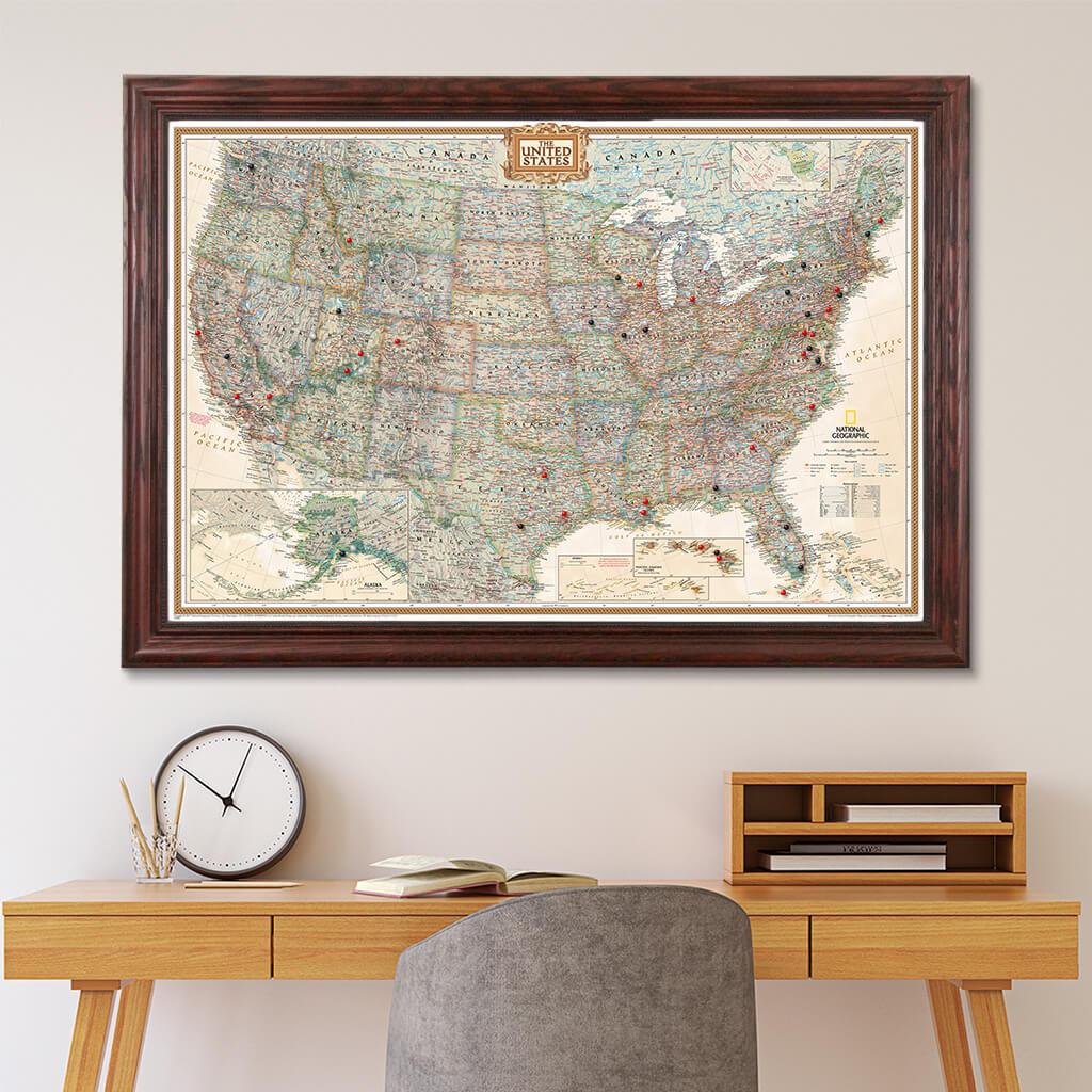 Executive USA Pin Map in Solid Wood Cherry Frame