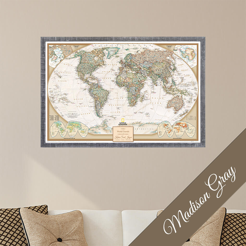 Canvas Executive World Travel Map in Premium Madison Gray Frame