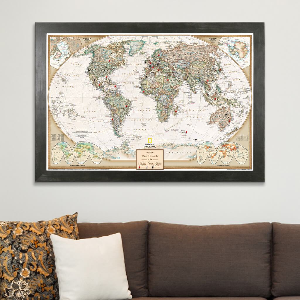 Executive World Map on Canvas in Rustic Black Frame