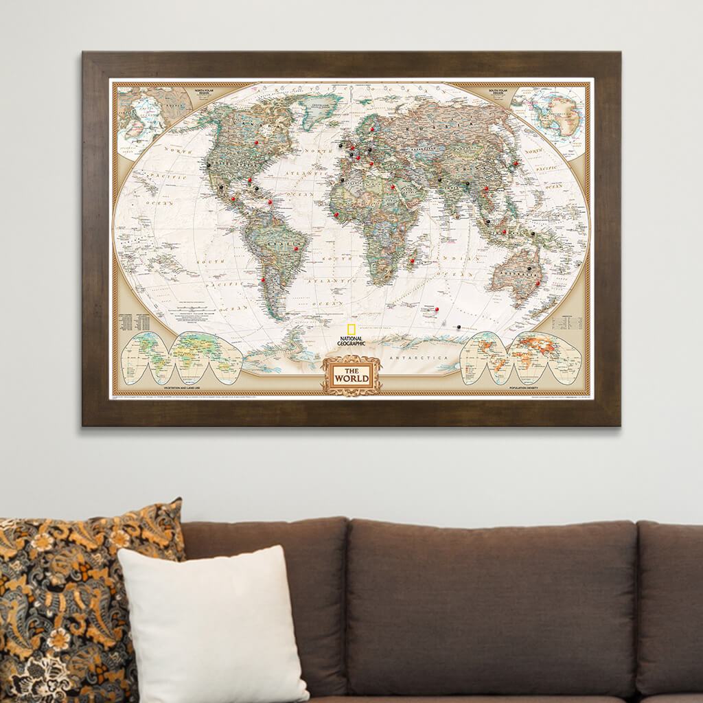 Executive World Map on Canvas in Rustic Brown Frame
