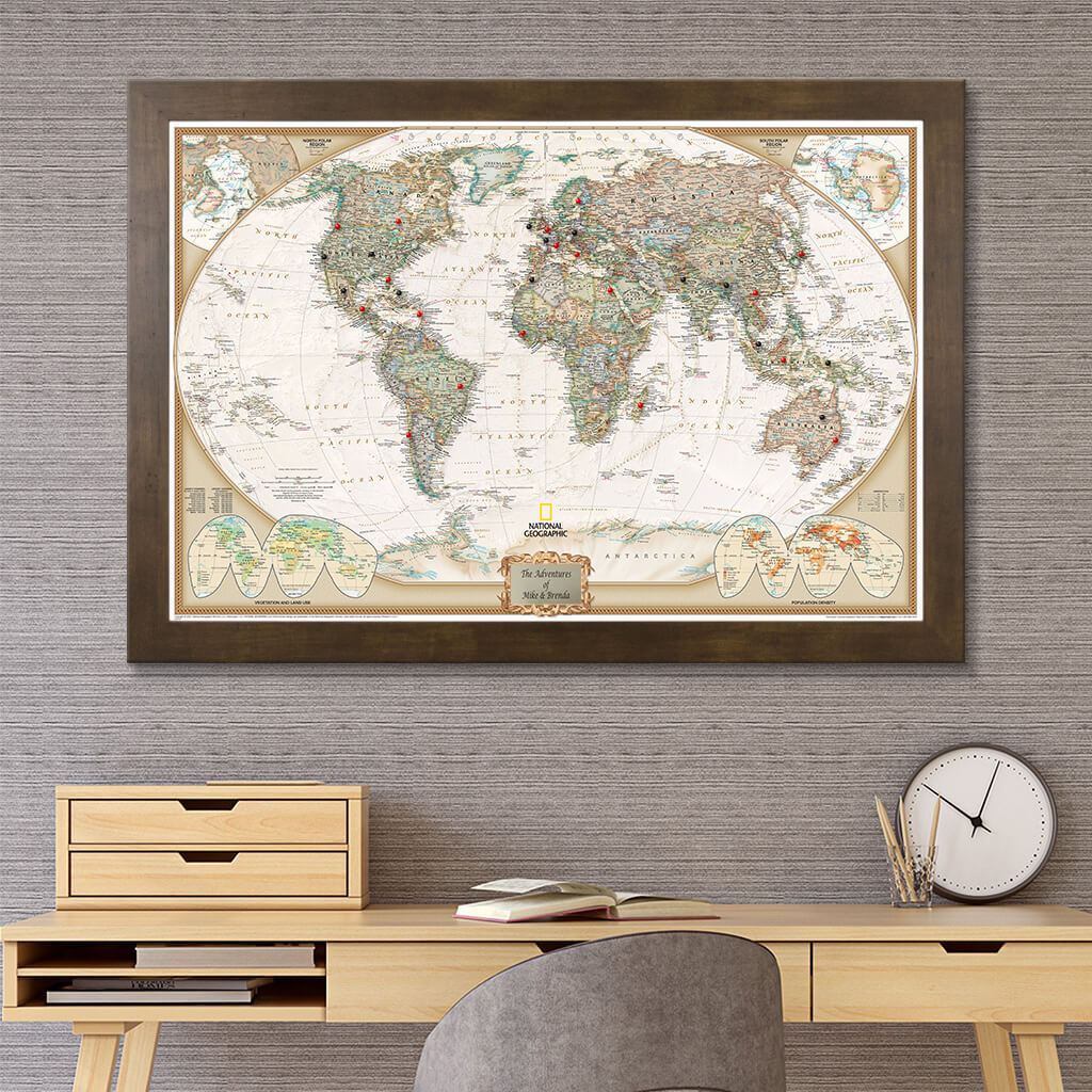 Executive World Push Pin Travel Map in Rustic Brown Frame