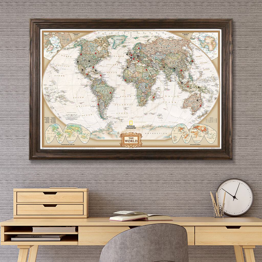 Executive World Push Pin Travel Map in Solid Wood Brown Frame