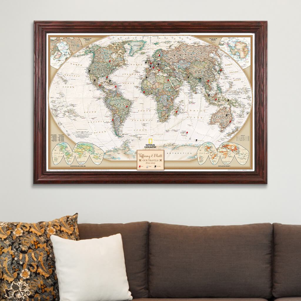 Executive World Map on Canvas in Solid Wood Cherry Red Frame