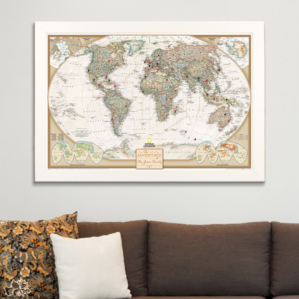 Executive World Map on Canvas in Textured White Frame