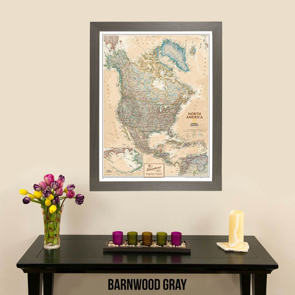 Canvas Executive North America Push Pin Travel Map Barnwood Gray Frame