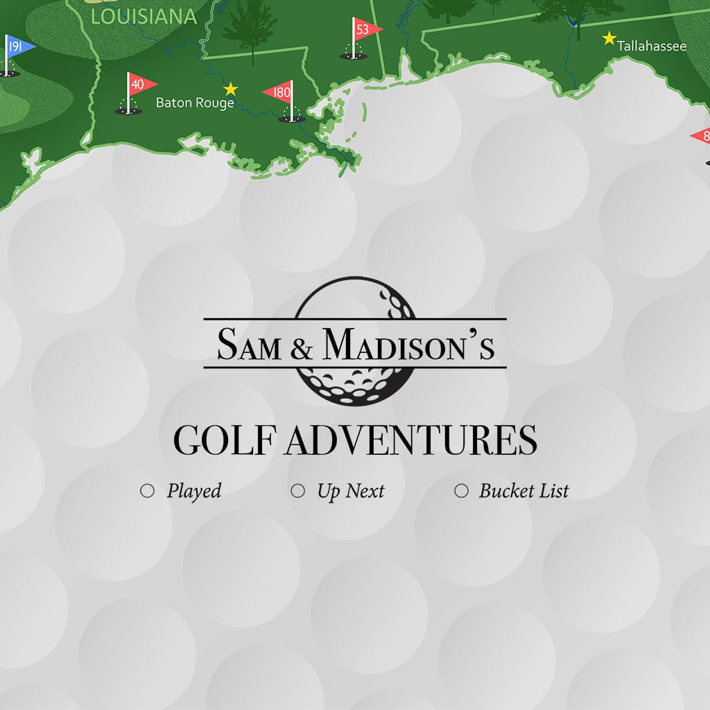 Personalized Sam and Madison golf adventures canvas map tracking top US courses with pins across Louisiana coastline