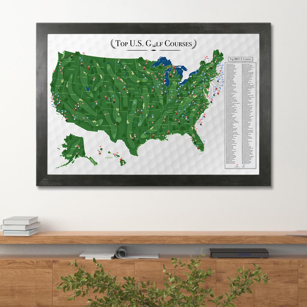 Top US Golf Courses Map in Rustic Black Frame