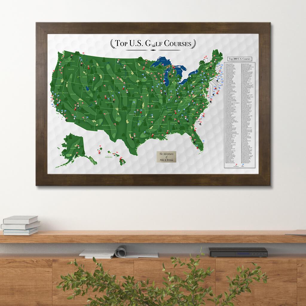 Top US Golf Courses Bucket List Pin Map in Rustic Brown Frame
