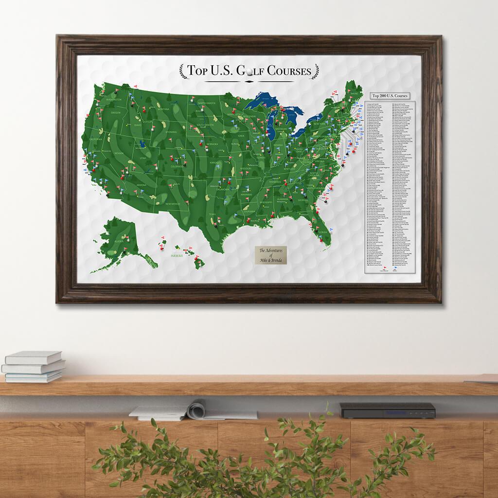 Top US Golf Courses Travel Map in Solid Wood Brown Frame