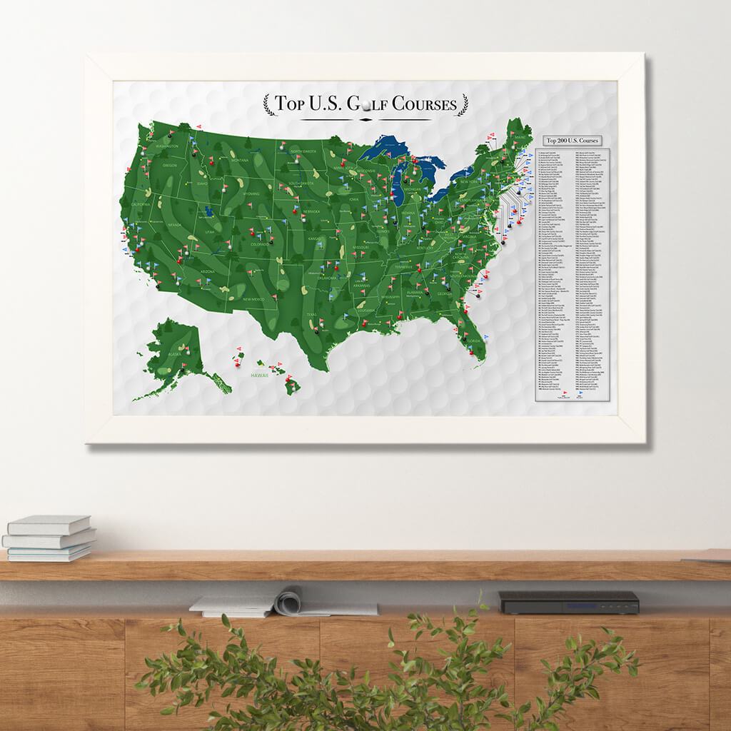 Top US Golf Courses Checklist Map in Textured White Frame