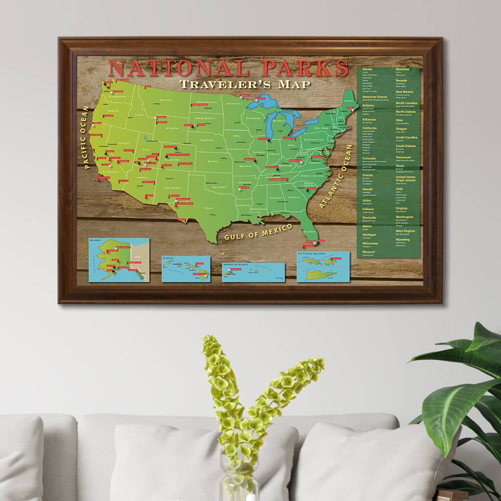 National Parks Map in Brown Frame