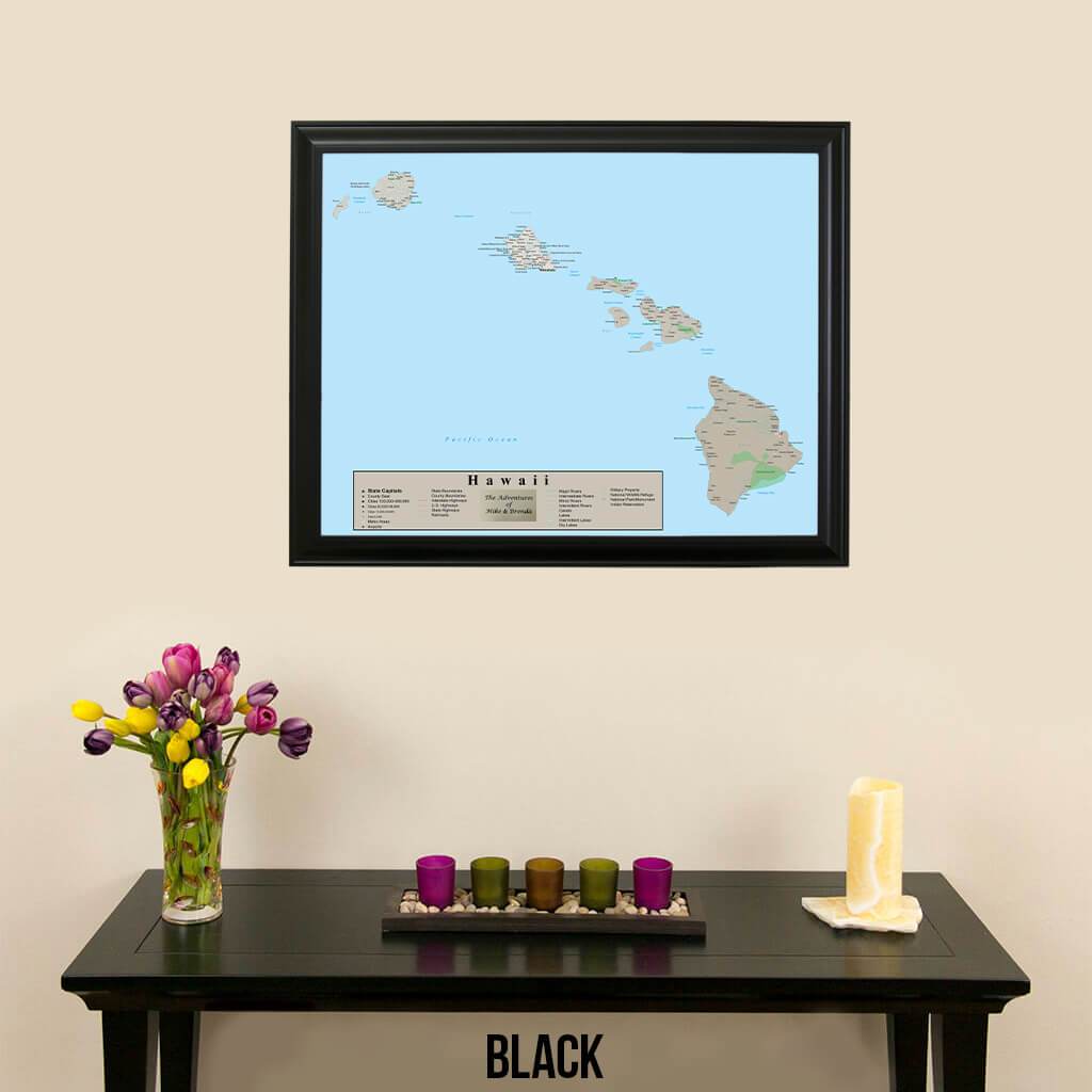 Earth Toned Hawaii State Travel Map with pins Black Frame