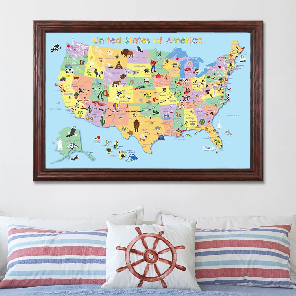 Kids USA Map in Solid Wood Cherry Frame