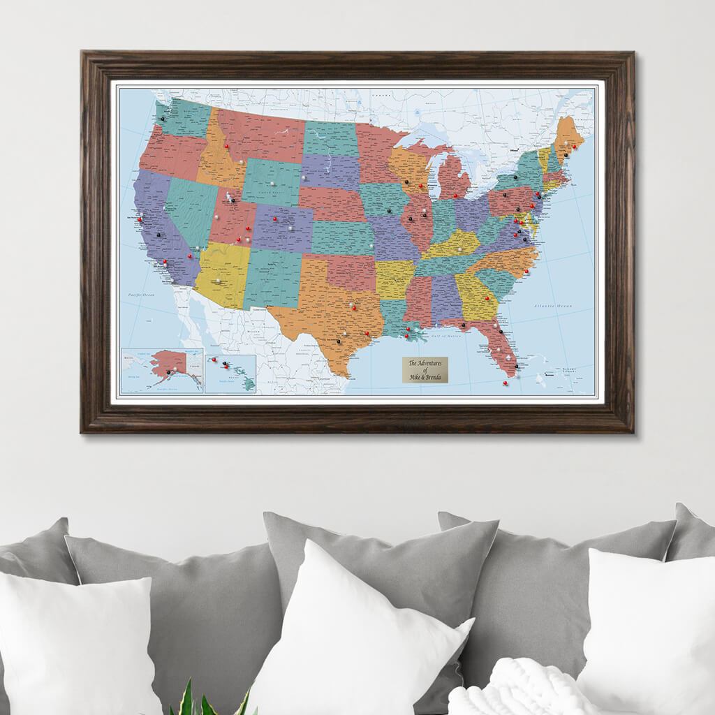 Blue Oceans USA Push Pin Travel Map with Solid Wood Brown Frame