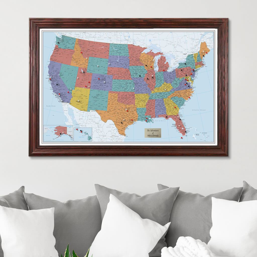 Blue Oceans USA Pinnable Travel Map with Solid Wood Cherry Frame