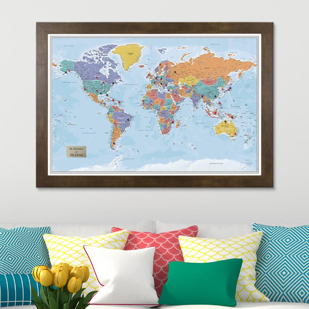 Push Pin World Map - Blue Oceans World Travel Map with Rustic Brown Frame