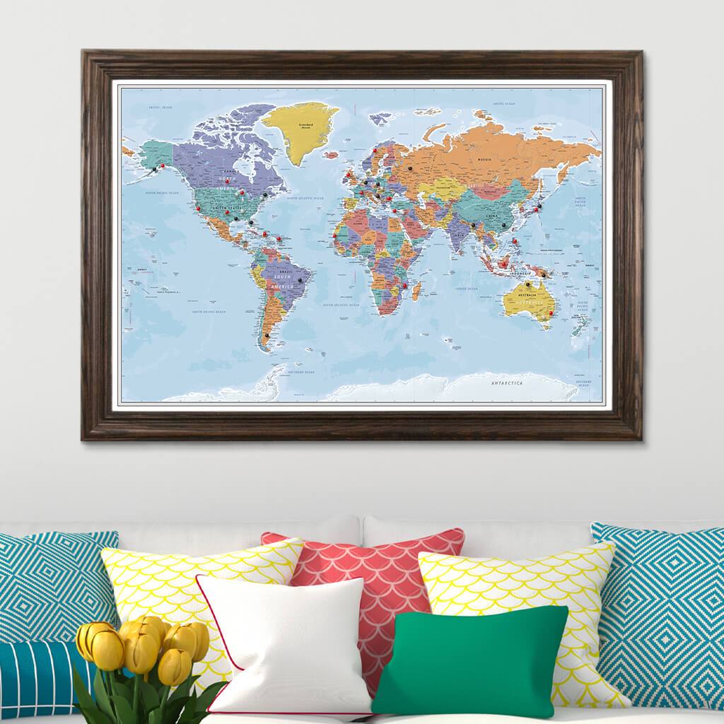Push Pin Travel Maps Blue Oceans World Map in Solid Wood Brown Frame