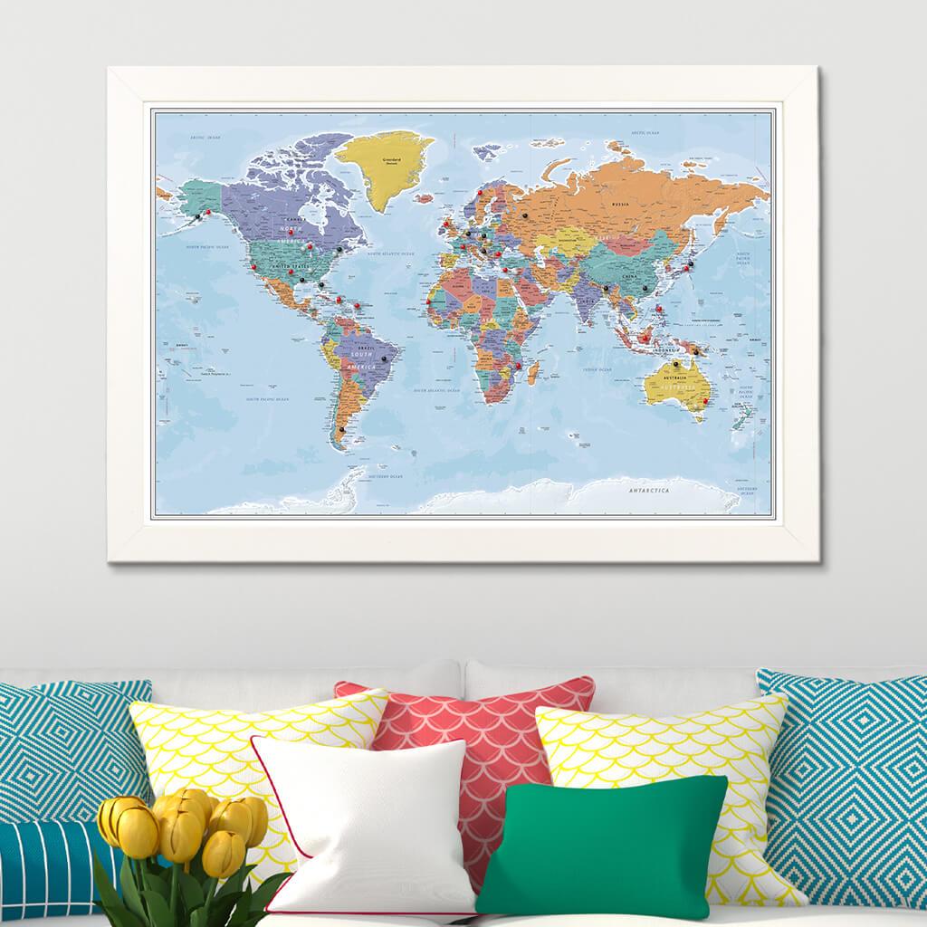 Blue Oceans World Travel Map in Textured White Frame