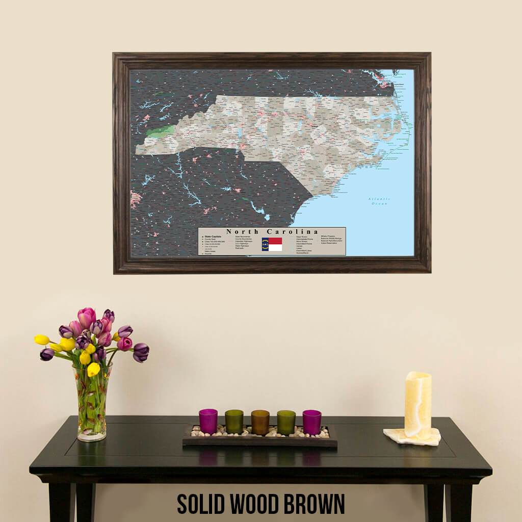 Earth Toned North Carolina State Map with Pins Solid Wood Brown Frame